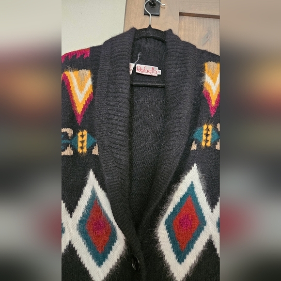 RAFAELLA Vintage wool/rabbits hair shawl collar open front printed cardigan. MED - Picture 6 of 9
